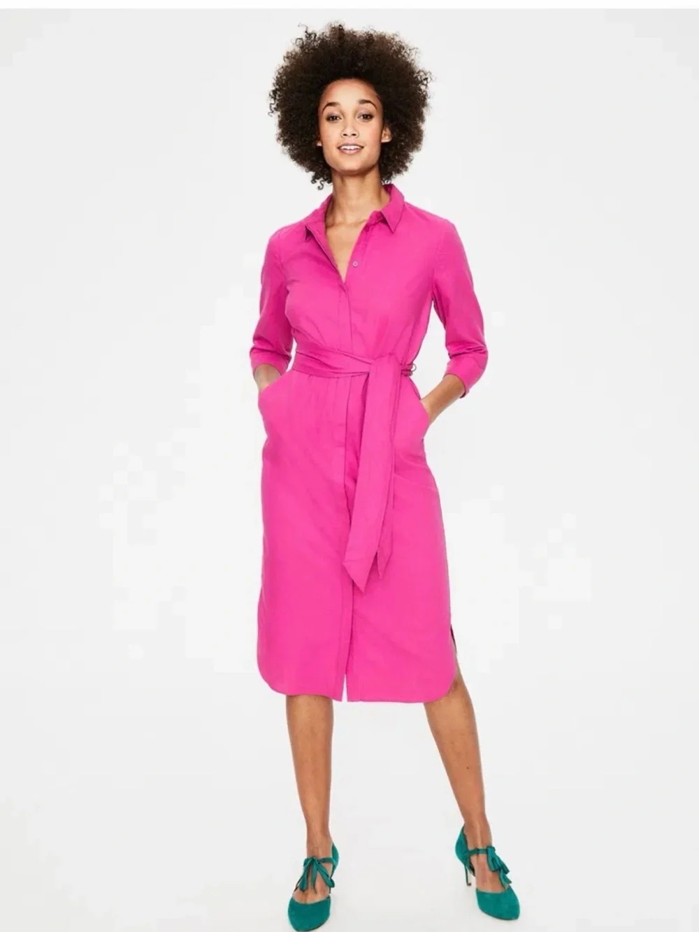 Boden Linen Cotton Midi Shirt Dress 3/4 Sleeve Button Front Pink Size 8R